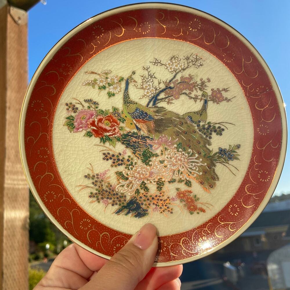 Vintage Japanese Satsuma Peacock Twin Plates (2)